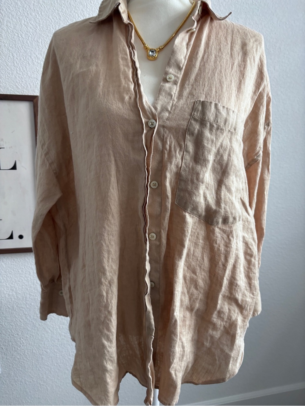 Zara Oversized Linen Button-Down Shirt in Light Beige